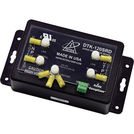 DITEK DTK-120SRD surge suppressor showing connection terminals, status indicators, and mounting brackets against black housing-alternate-image1