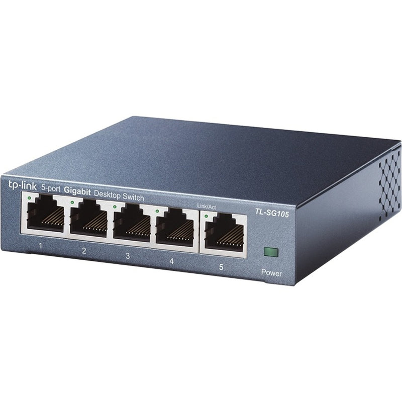 Angled perspective view of TP-Link TL-SG105 switch showing compact metal design