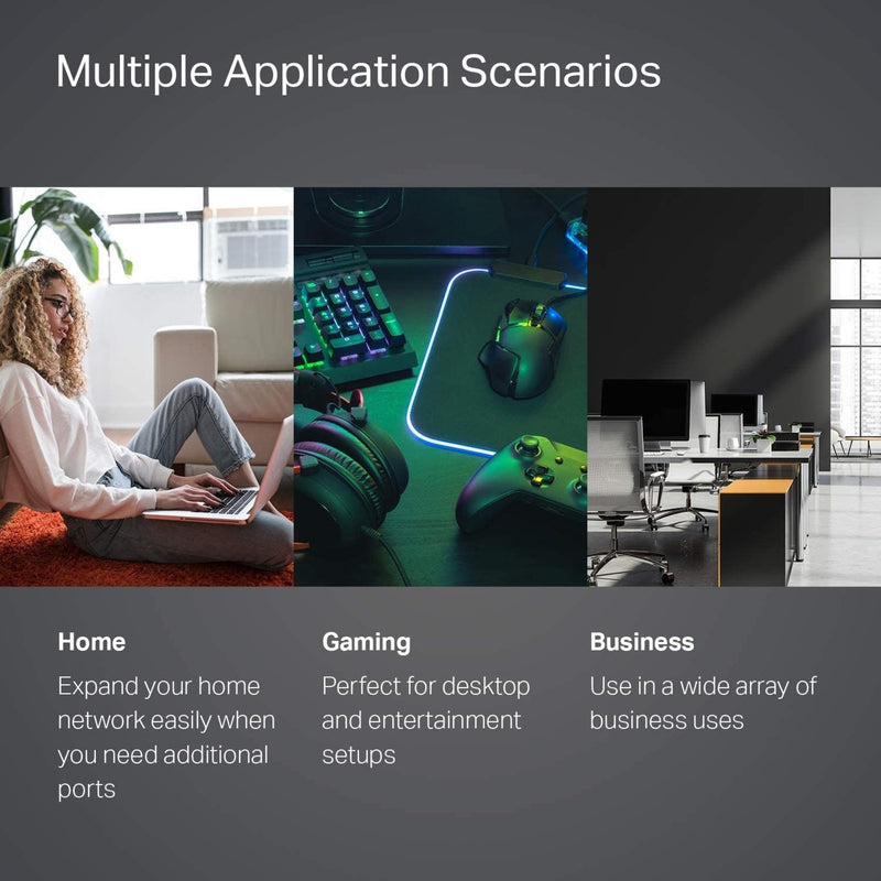 Triptych image showing home office, gaming setup, and business environment applications of TP-Link TL-SG105 switch