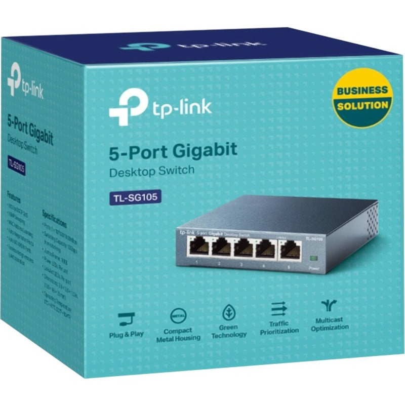 Product packaging of TP-Link TL-SG105 switch showing business solution branding and features