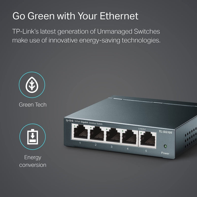 Product image of TP-Link TL-SG105 switch with green technology icons highlighting eco-friendly features