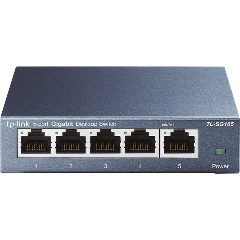 Front view of TP-Link TL-SG105 5-port Gigabit Ethernet switch showing all ports and status indicators