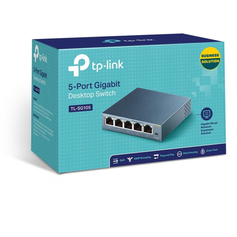 Retail packaging of TP-Link TL-SG105 switch displaying product features and contents