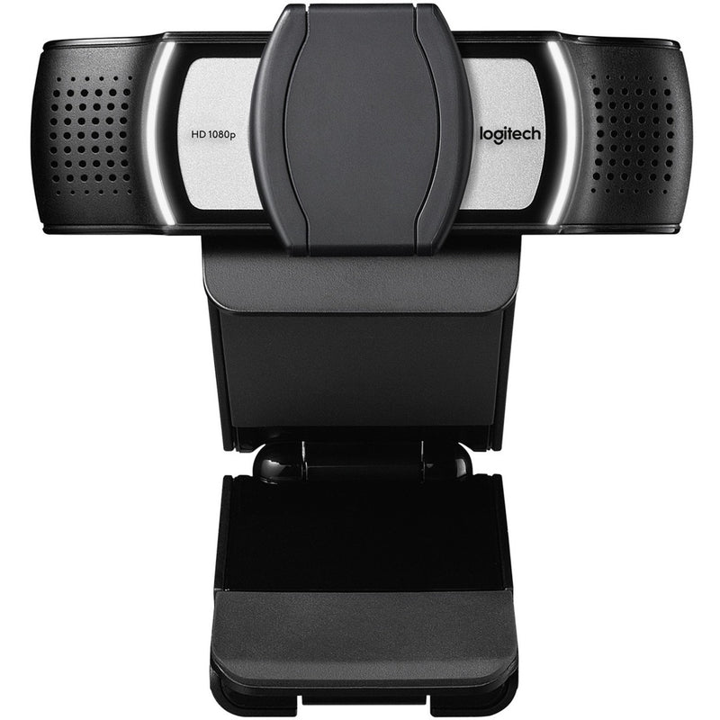 Top view of Logitech C930e webcam showing privacy shutter and mounting mechanism