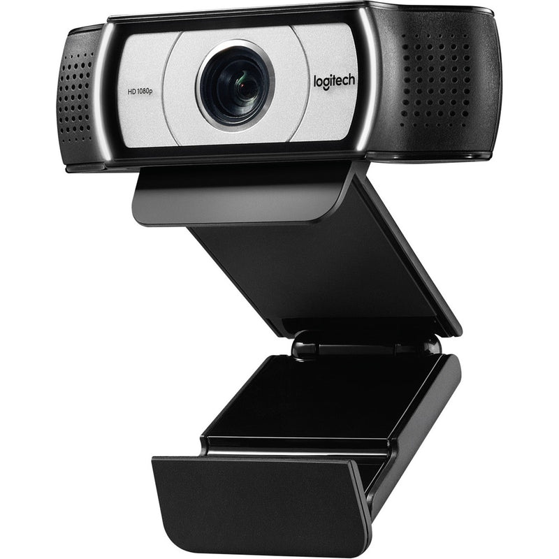 Logitech C930e webcam side view showing HD 1080p lens and adjustable mounting clip