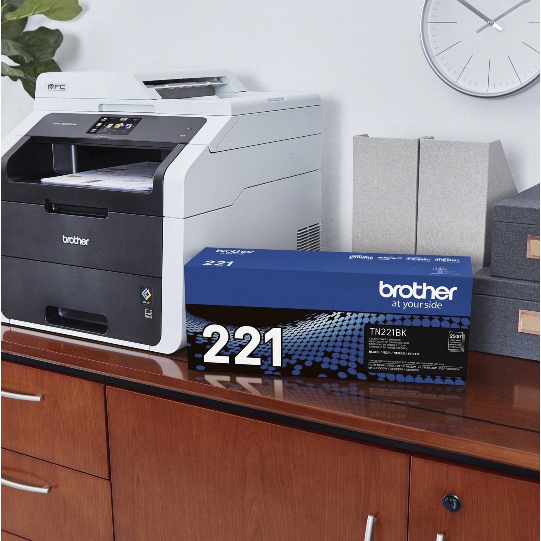 Brother printer with TN221BK toner cartridge displayed in office setting-alternate-image7