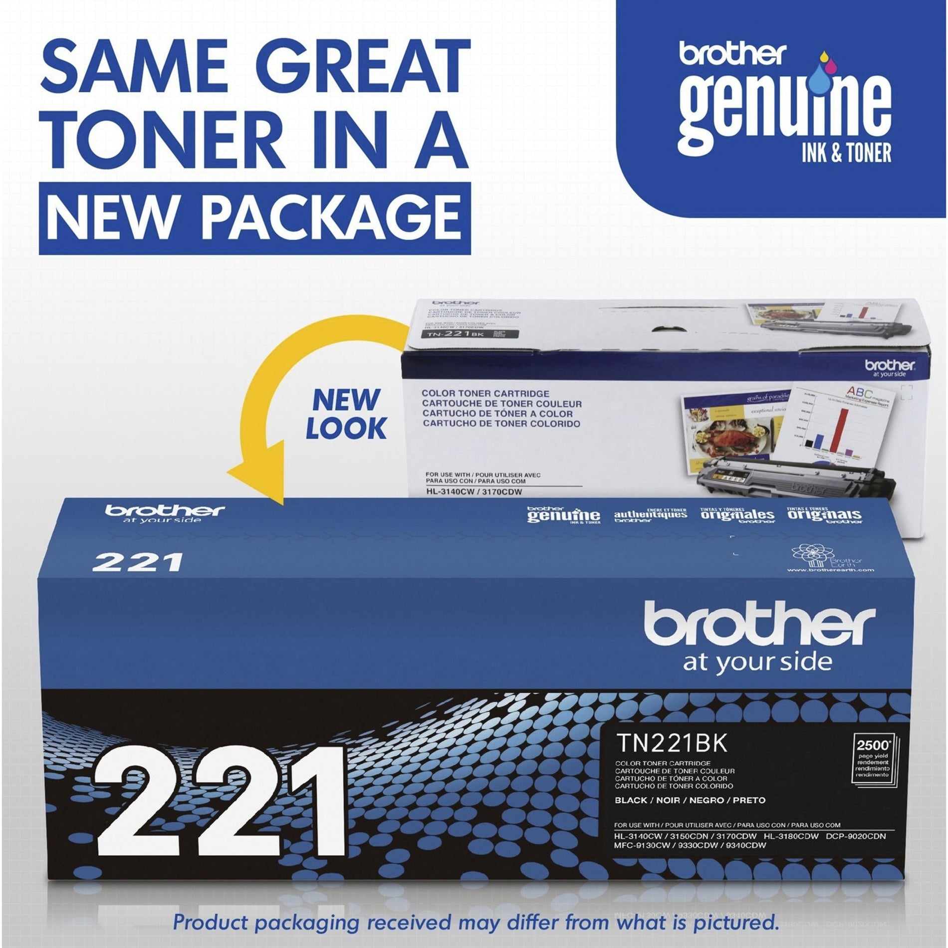 Comparison of old and new packaging for Brother TN221BK toner cartridge-alternate-image8