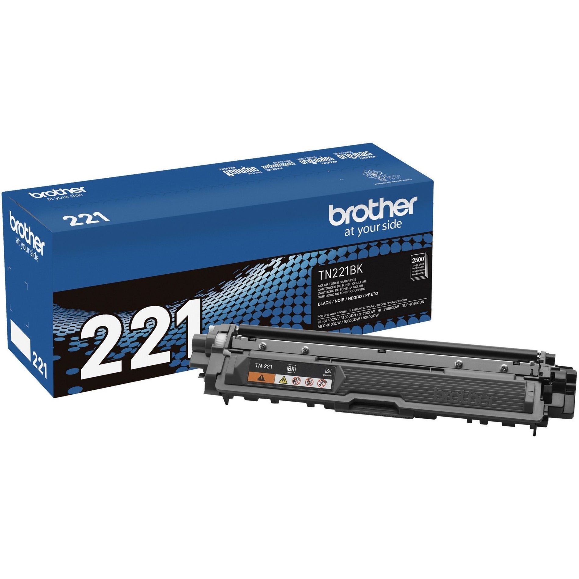 Brother TN221BK black toner cartridge with retail packaging and cartridge unit-alternate-image1