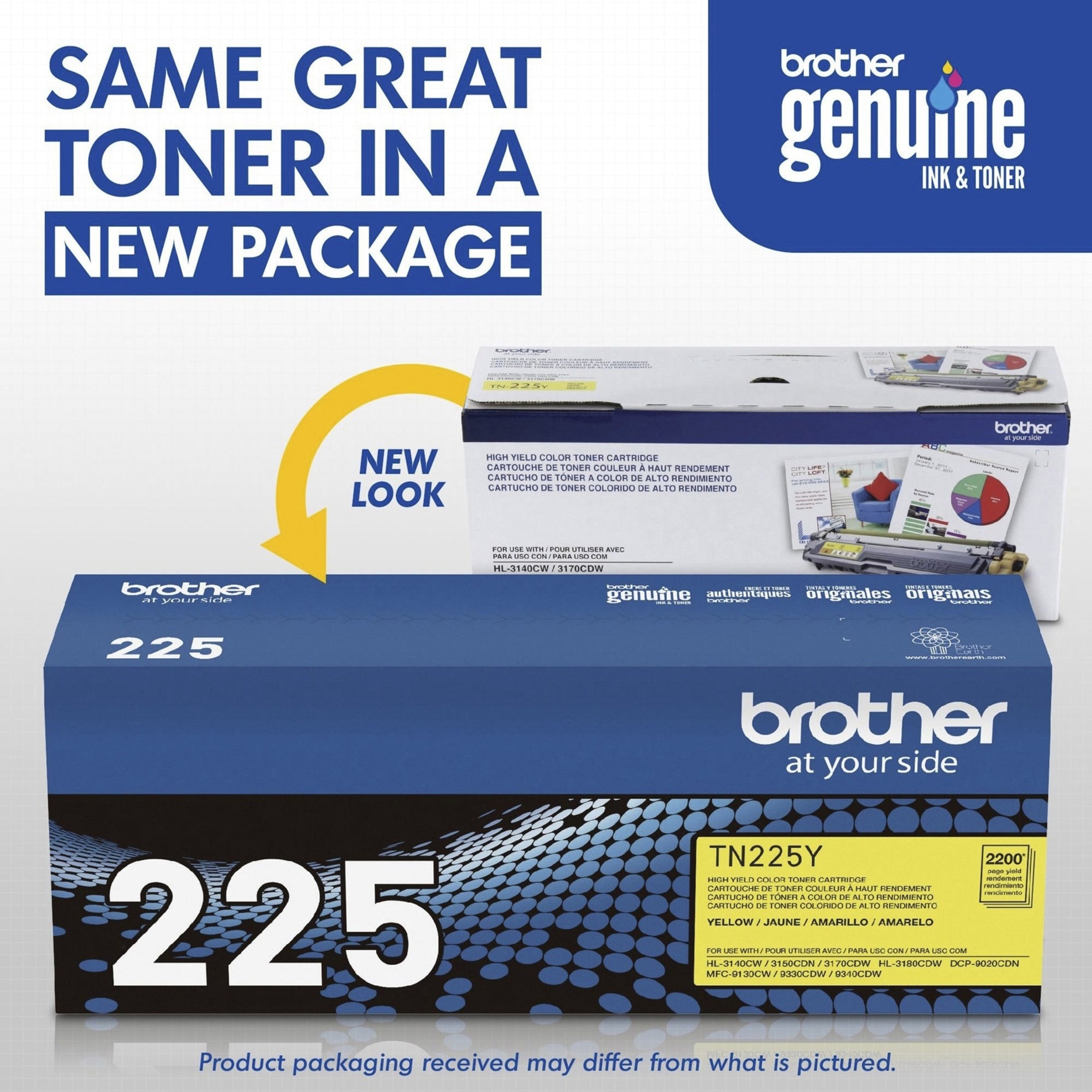 Brother TN225Y Toner Cartridge, High Yield, Yellow, 2200 Page Yield