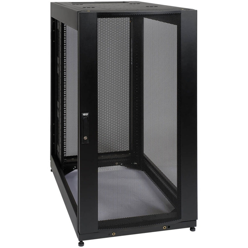 Angled view of Tripp Lite SR25UBEXP 25U rack cabinet showing perforated mesh door and robust frame construction