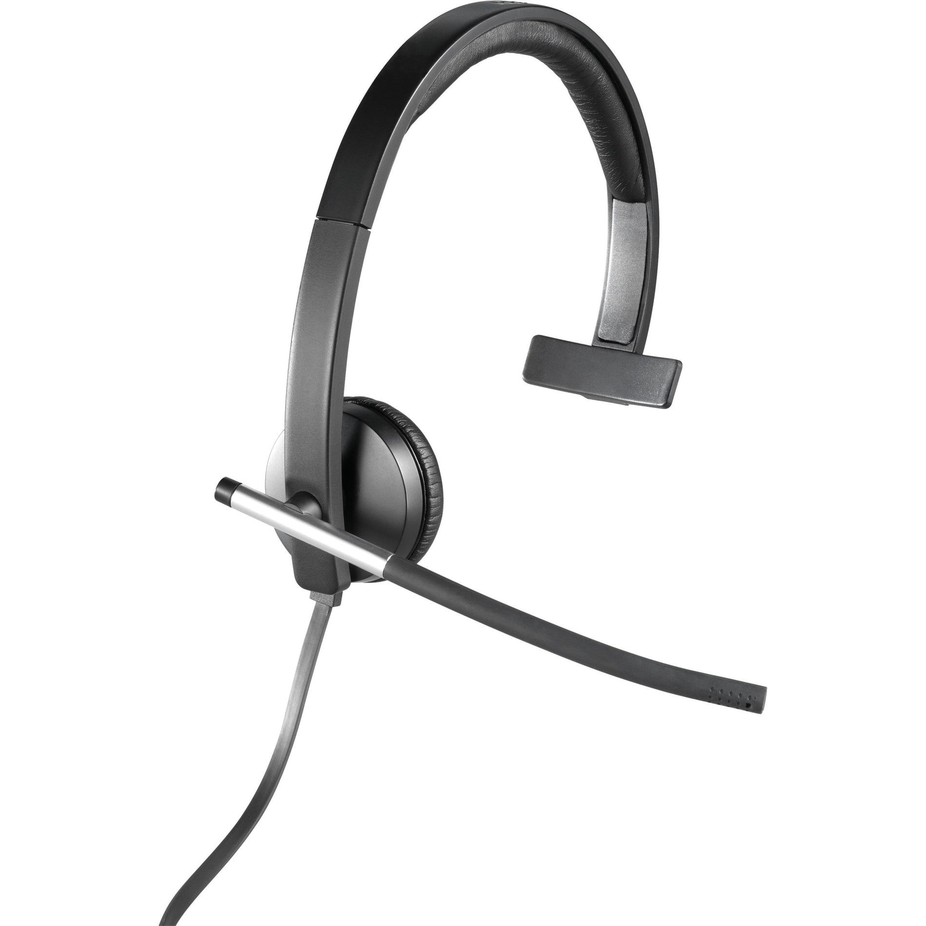 Close-up view of Logitech H650e Mono Headset showing padded ear cushion and adjustable noise-cancelling boom microphone-alternate-image2