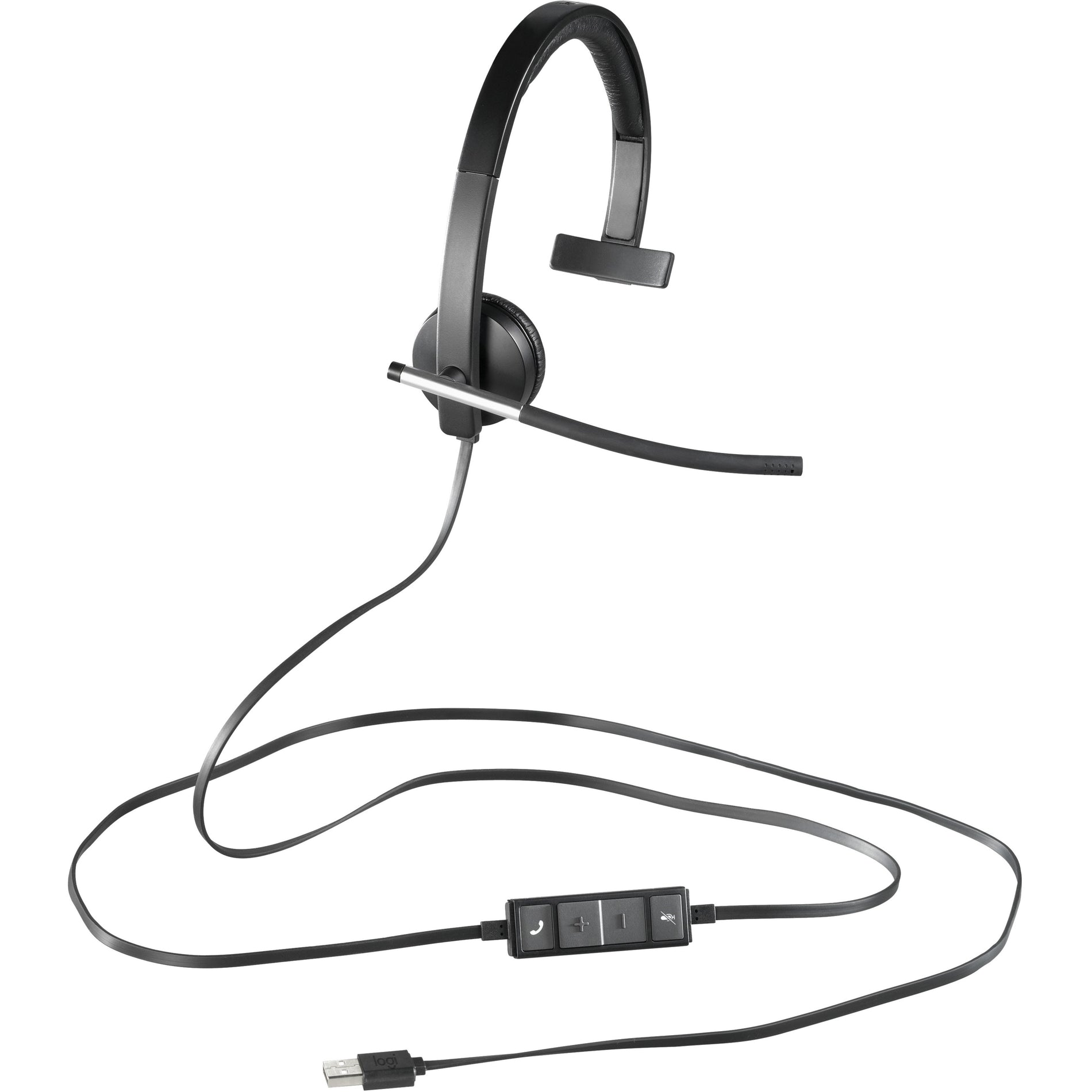 Logitech H650e Mono USB Headset with inline controls and tangle-free cable design, side view showing boom microphone and over-head band-alternate-image1