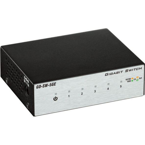 Side angle view of D-Link GO-SW-5GE switch showing ventilation design and compact profile