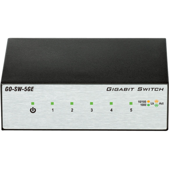 Front view of D-Link GO-SW-5GE 5-port gigabit switch showing LED status indicators and power button