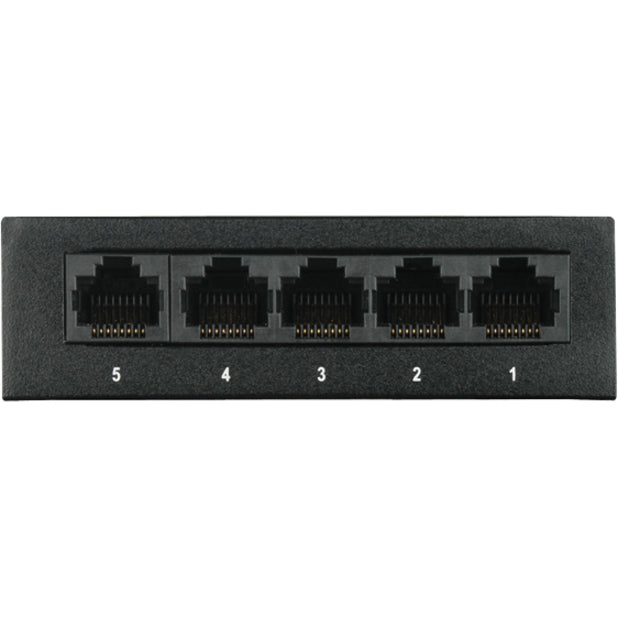 Rear view of D-Link GO-SW-5GE showing five Gigabit Ethernet ports with numbering