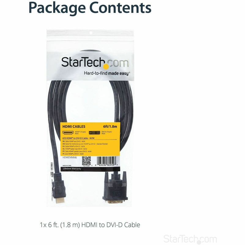 Product packaging showing StarTech.com HDMI to DVI-D cable with specifications and warranty information