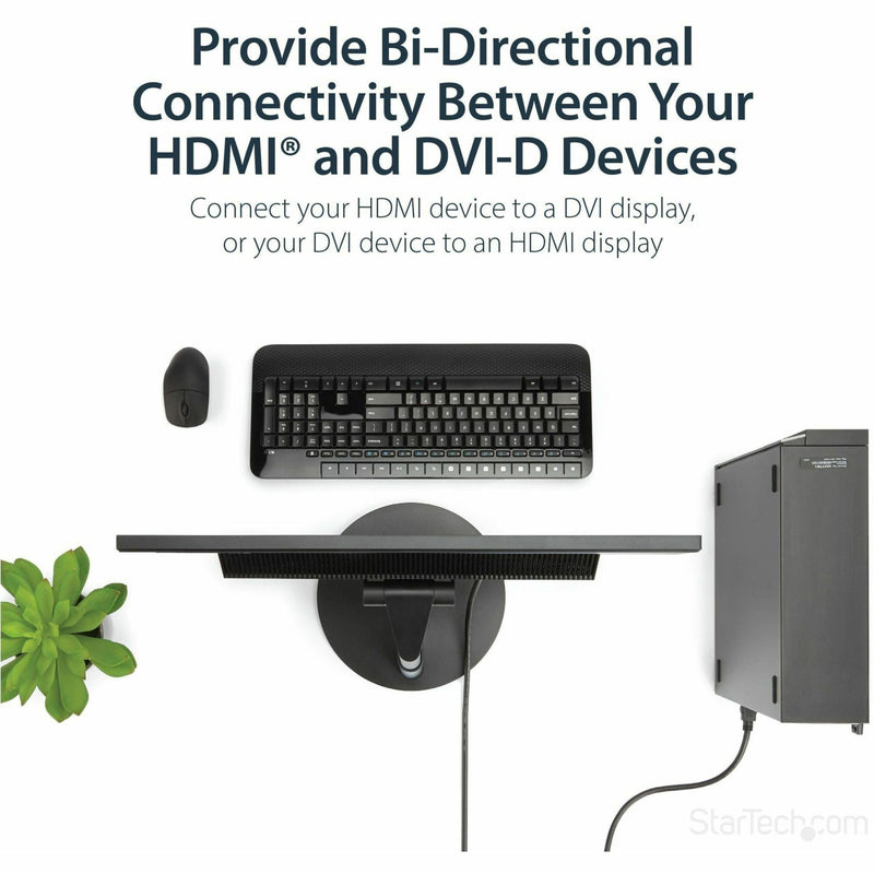 Desktop setup showing computer connected to monitor via HDMI to DVI-D cable