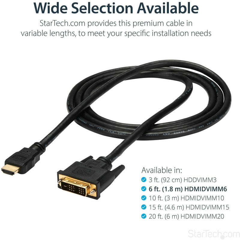 Product image showing HDMI to DVI-D cable with available length options listed