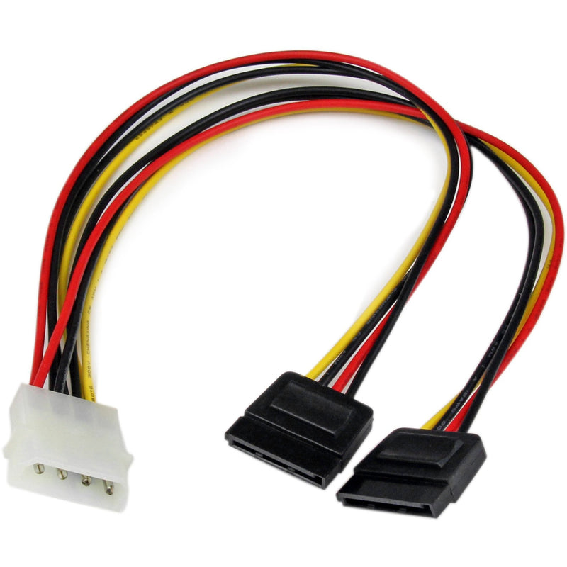 StarTech LP4 to dual SATA power Y-cable adapter showing white LP4 connector and two black SATA power connectors