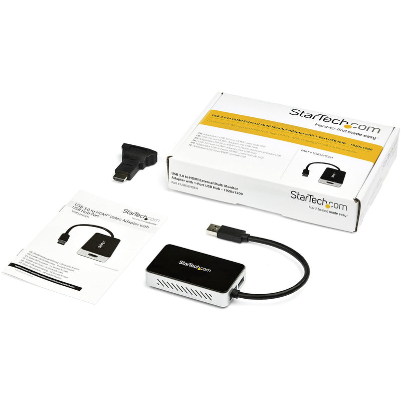 Complete package contents of StarTech.com USB to HDMI adapter including documentation and accessories