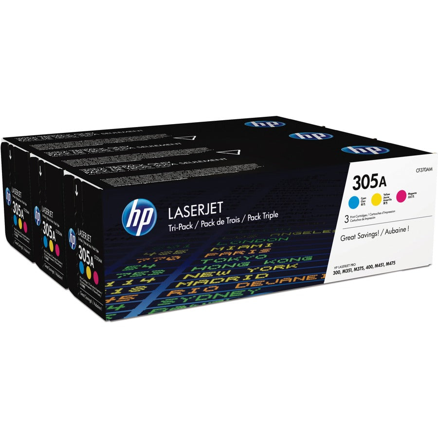 HP 305A CYM Original Toner Cartridge Tri-pack packaging showing three cartridges in cyan, magenta, and yellow-alternate-image1