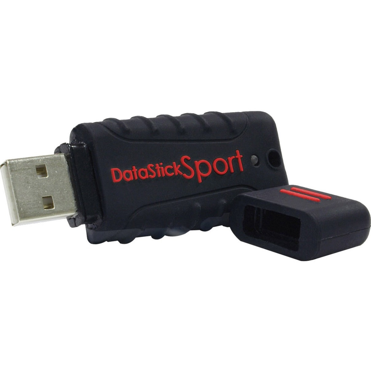 Close-up view of Centon DataStick Sport USB drive showing black rubberized housing and USB connector-alternate-image1