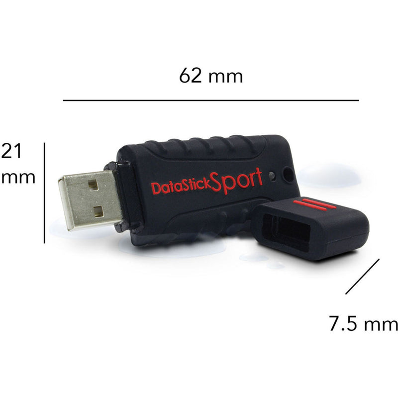 Dimensional diagram of Centon DataStick Sport showing measurements of 62mm x 21mm x 7.5mm