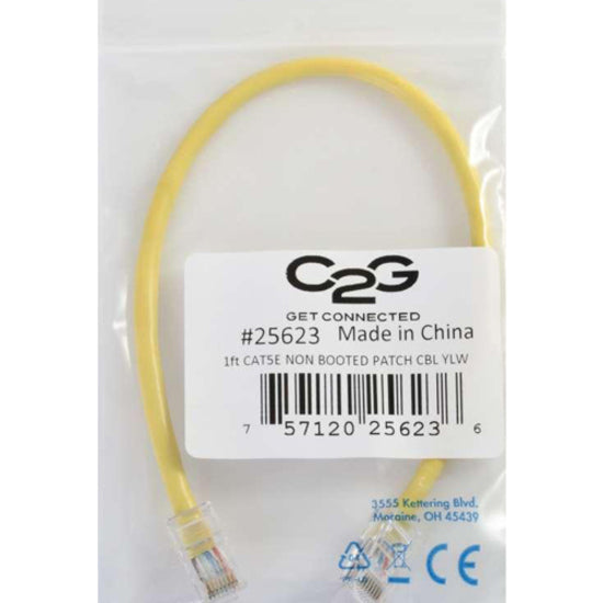 Product packaging showing C2G branding, specifications, and certification marks for yellow Cat5e cable