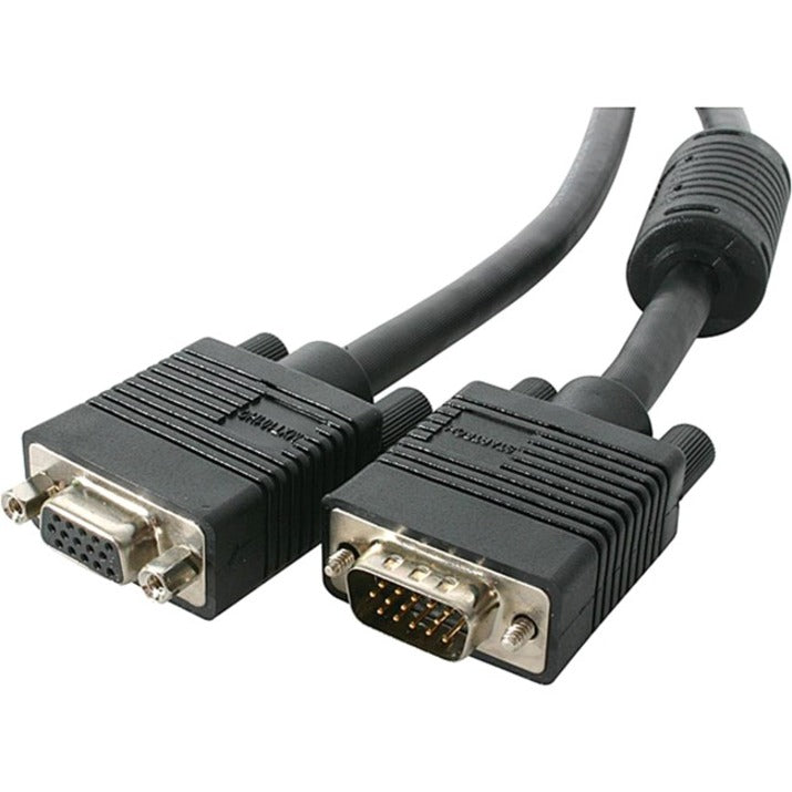 Close-up of StarTech.com VGA cable connectors showing male and female HD-15 ends with EMI protection