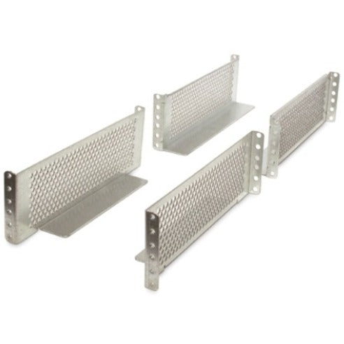 Angled view of four ventilated mounting brackets showing detailed perforation pattern and mounting holes