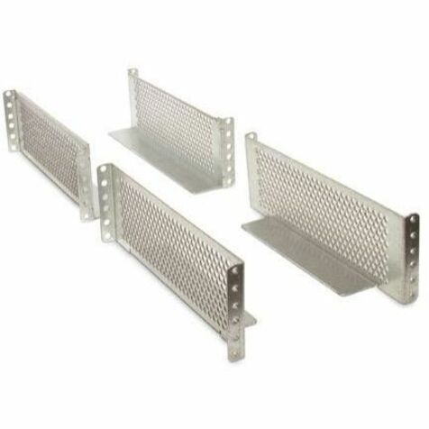 Four L-shaped perforated mounting brackets in silver finish with multiple mounting holes displayed in a linear arrangement