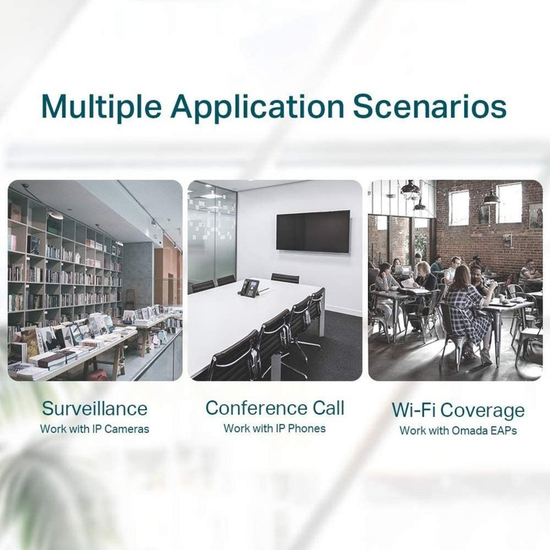 Multiple application scenarios showing surveillance, conference calls, and Wi-Fi coverage