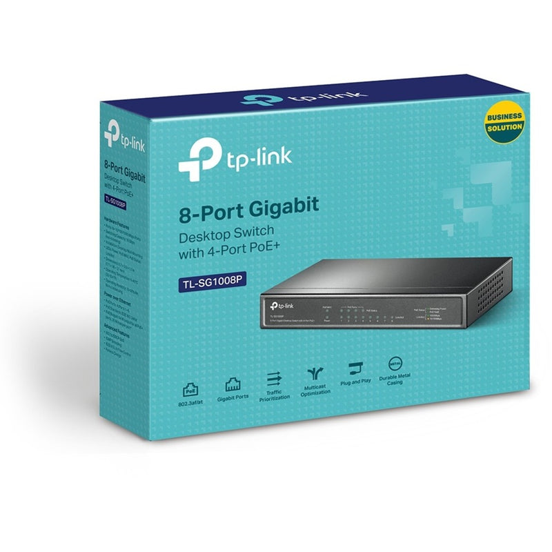 Product packaging for TP-Link TL-SG1008P showing feature highlights and business solution branding