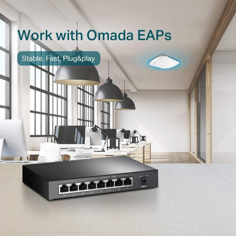 Modern office setting with TL-SG1008P switch and ceiling-mounted access point