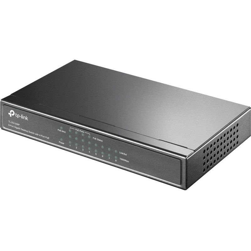 Front view of TP-Link TL-SG1008P 8-Port Gigabit Desktop Switch showing LED indicators and metal housing