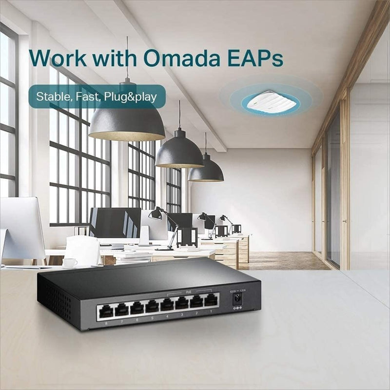 Office setting showing TL-SG1008P powering ceiling-mounted Omada EAP