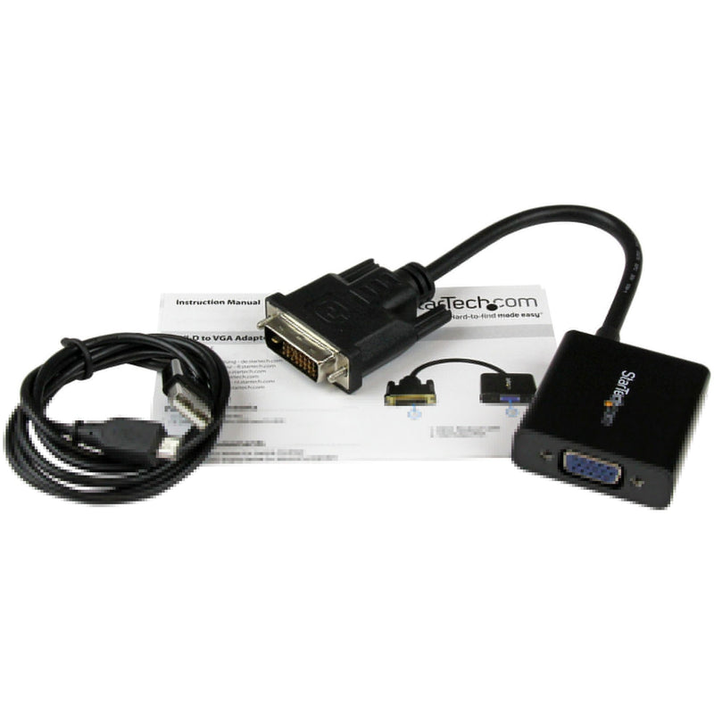 DVI-D to VGA adapter shown with USB power cable and instruction manual layout