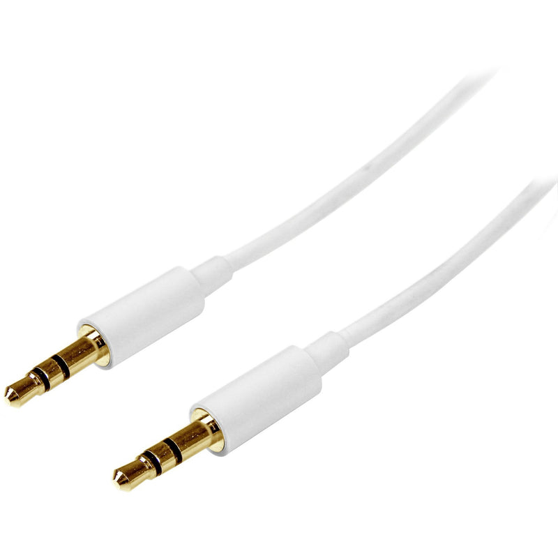 White 3.5mm audio cable with gold-plated connectors shown in full length with both male ends visible