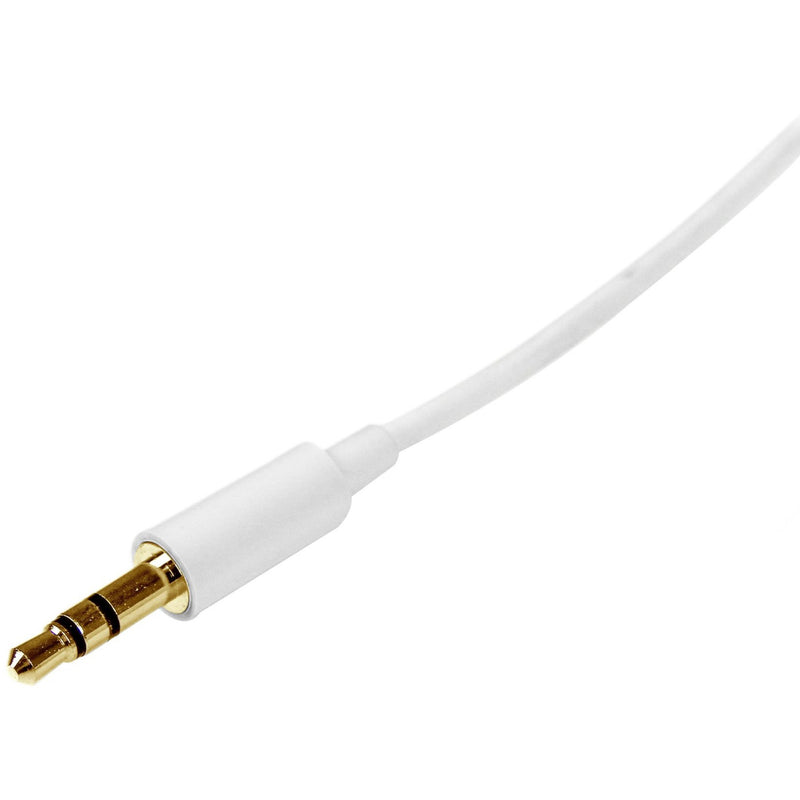 Close-up detail of white 3.5mm audio connector showing gold-plated tip and slim design