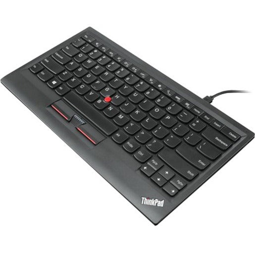 Angled view of Lenovo ThinkPad Compact USB Keyboard showing island-style keys, TrackPoint, and slim profile design