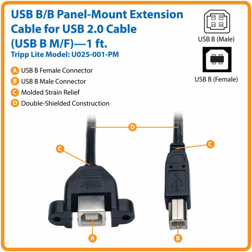 Tripp Lite U025-001-PM 1-ft. Panel Mount USB 2.0 Extension Cable, Copper Conductor, Shielded, Black