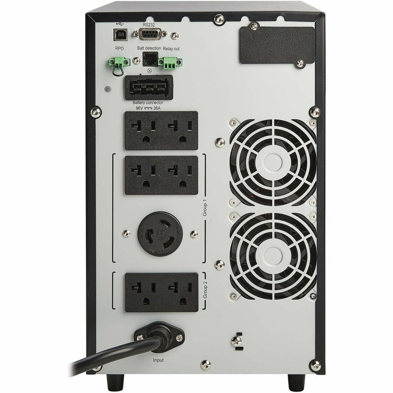 Rear panel view of SU2200XLCD showing outlets and communication ports