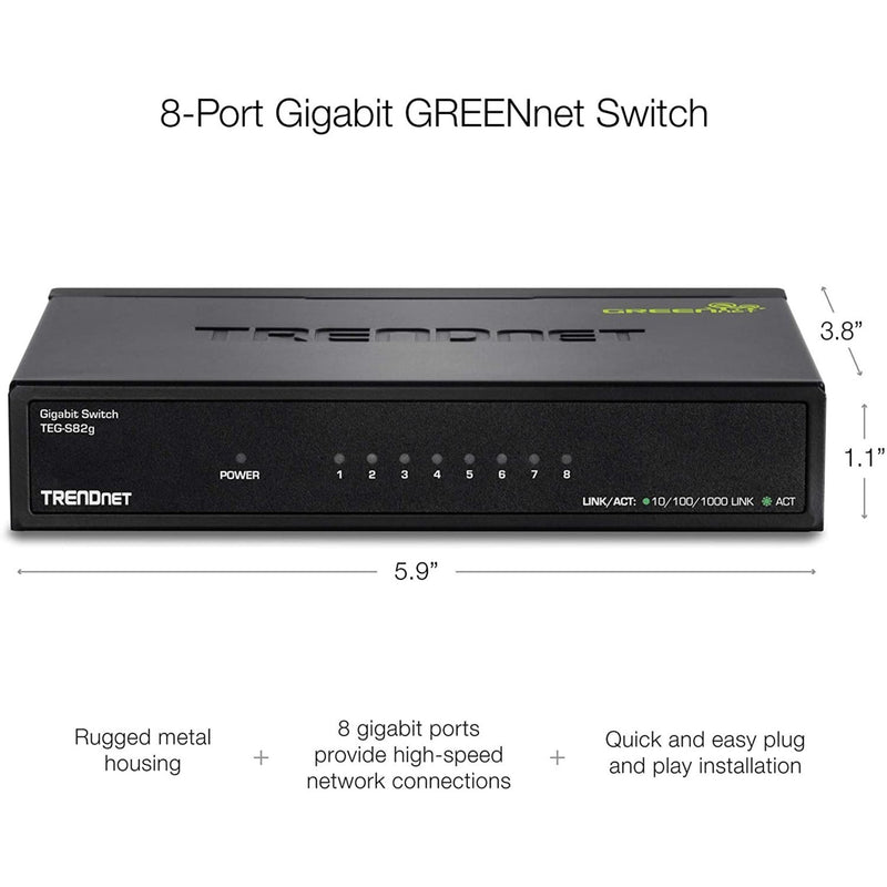 Dimensional diagram of TRENDnet TEG-S82g showing size specifications