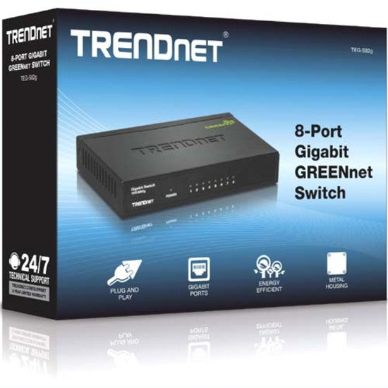 TRENDnet TEG-S82g retail packaging showing product features and specifications