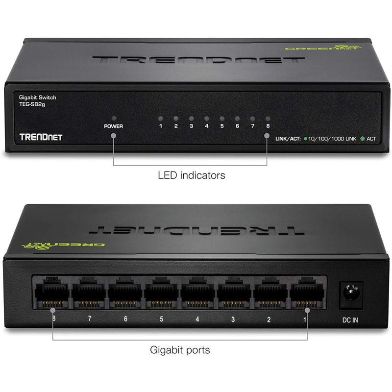 Detailed view of TRENDnet TEG-S82g front and rear panels with port labels