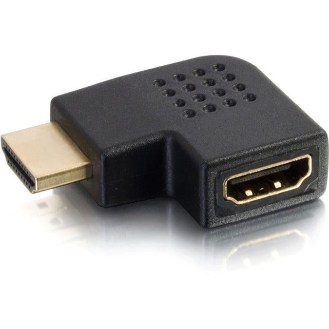 Left angle view of black HDMI adapter showing gold-plated connector and ventilation pattern