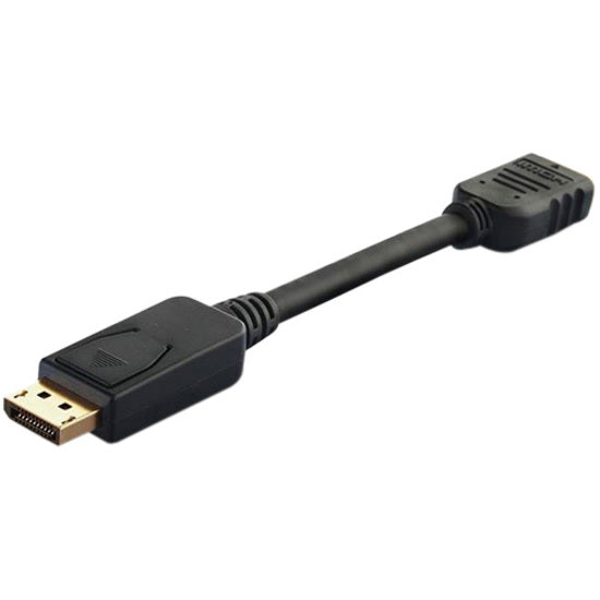 Black DisplayPort to HDMI adapter cable with male DisplayPort connector and female HDMI port, showing 10-inch cable length