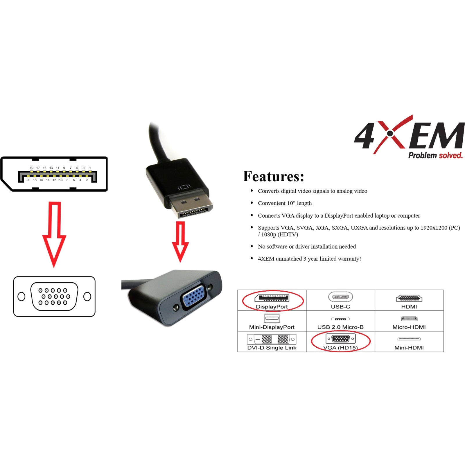 4XEM -  Adaptador de cable DisplayPort a VGA 4XDPMVGAFA10 Longitud de 10 pulgadas Resolución admitida de 1920 x 1200