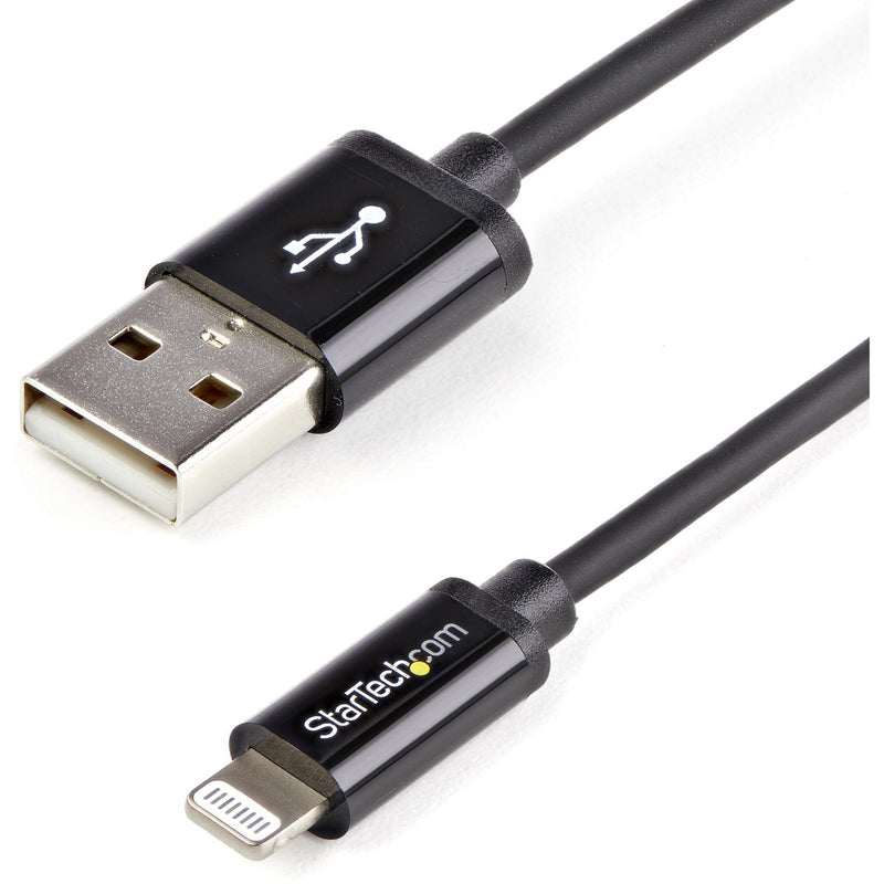 Close-up view of StarTech.com black Lightning to USB cable connectors showing USB-A and Lightning ends