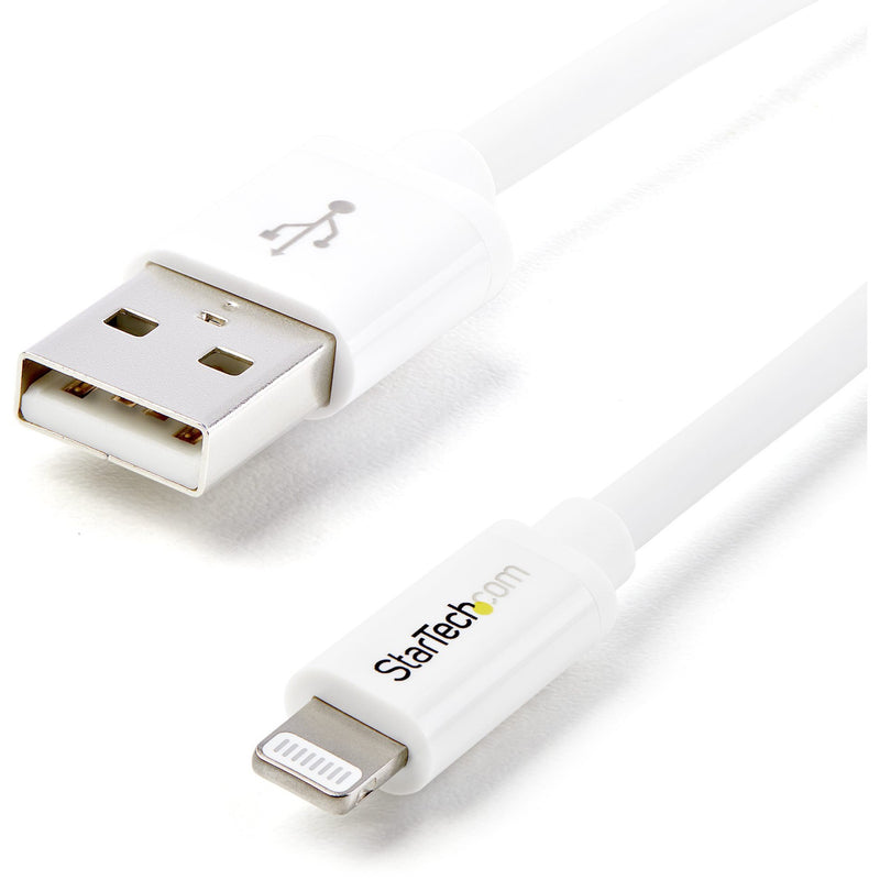 Close-up view of StarTech.com white Lightning to USB cable connectors showing USB-A and Lightning ends